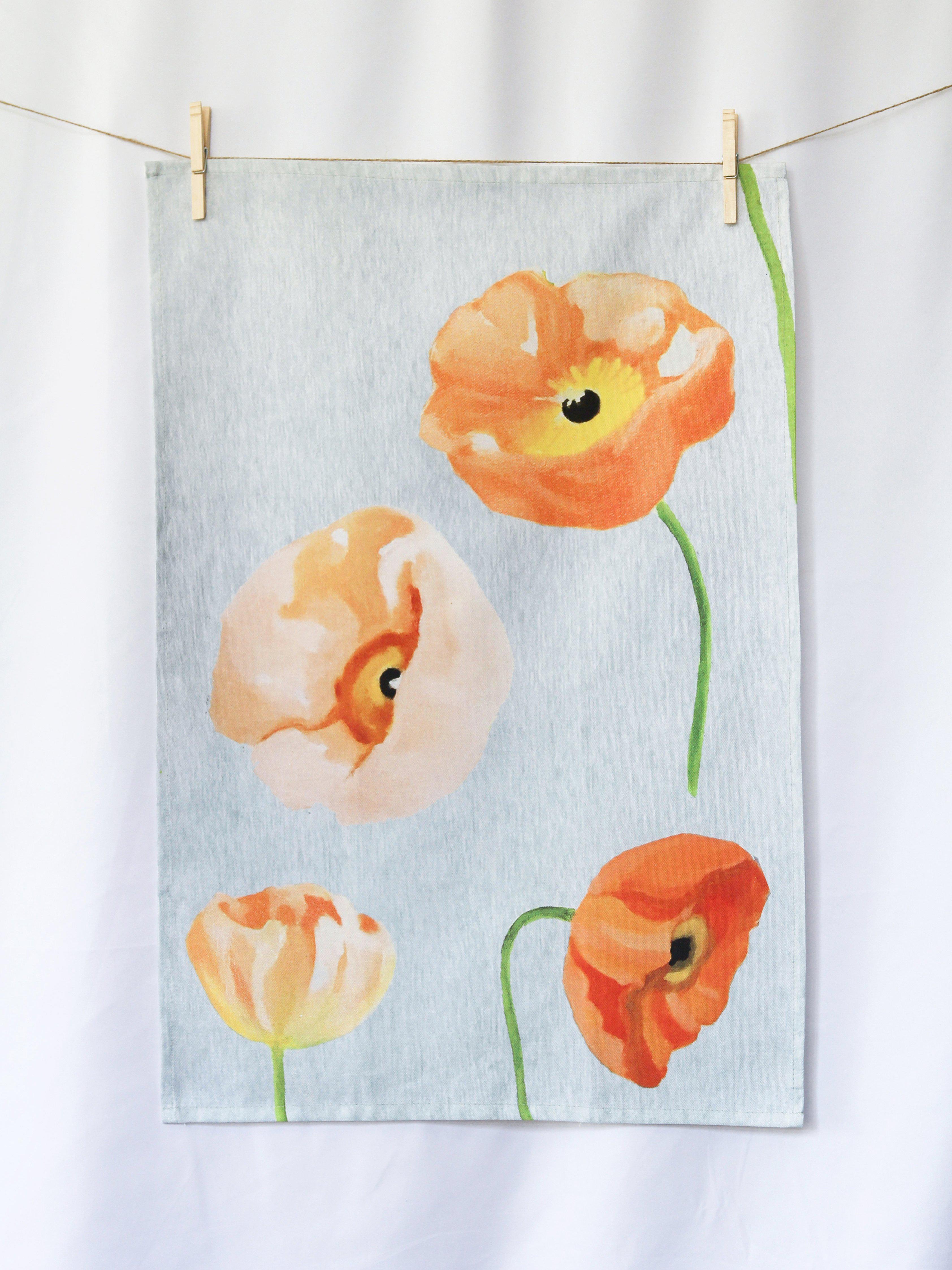 Tea Towel: Peach Poppies on Grey-India & Purry