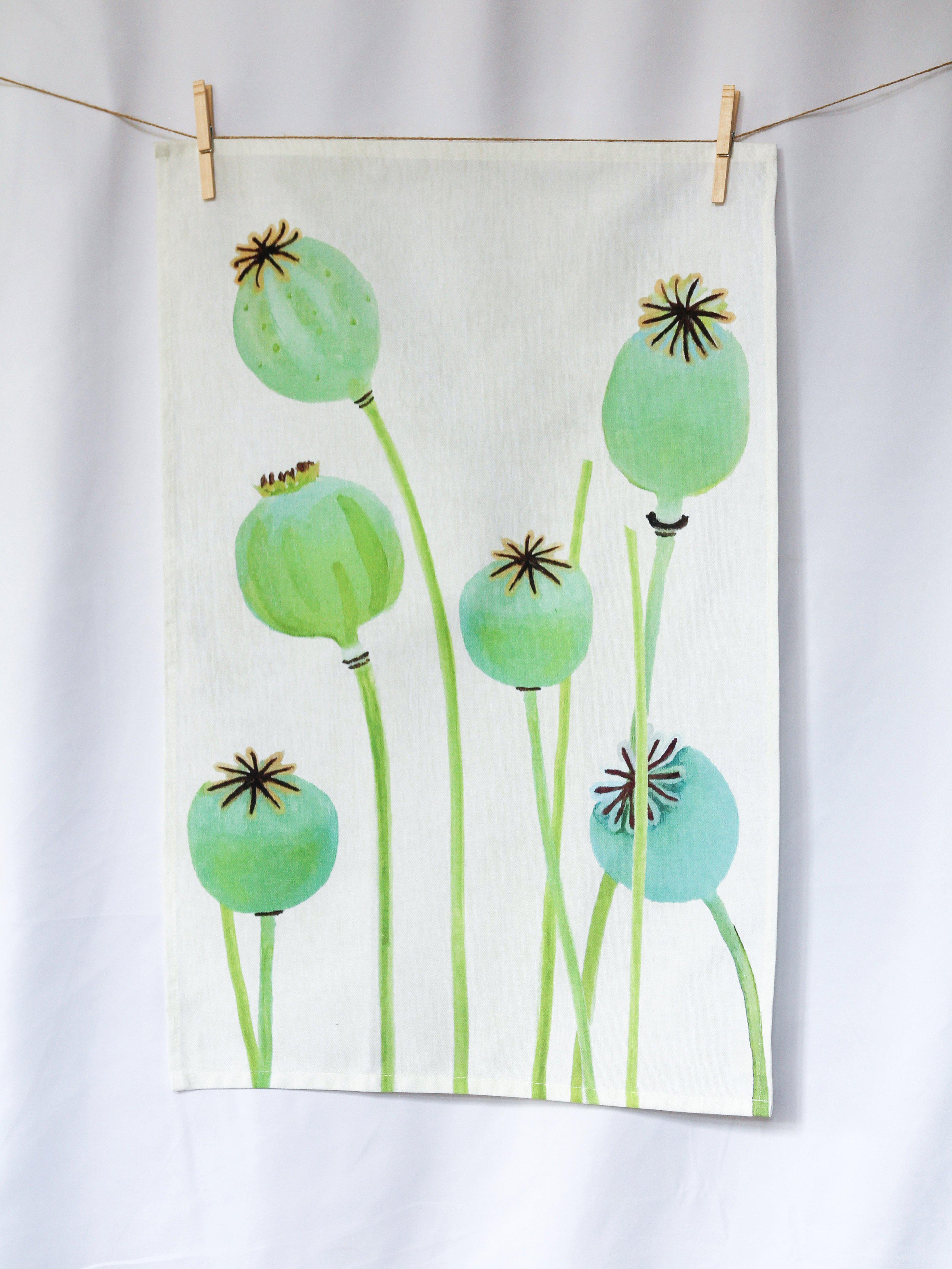 Tea Towel: Poppy Pods on Ecru-India & Purry