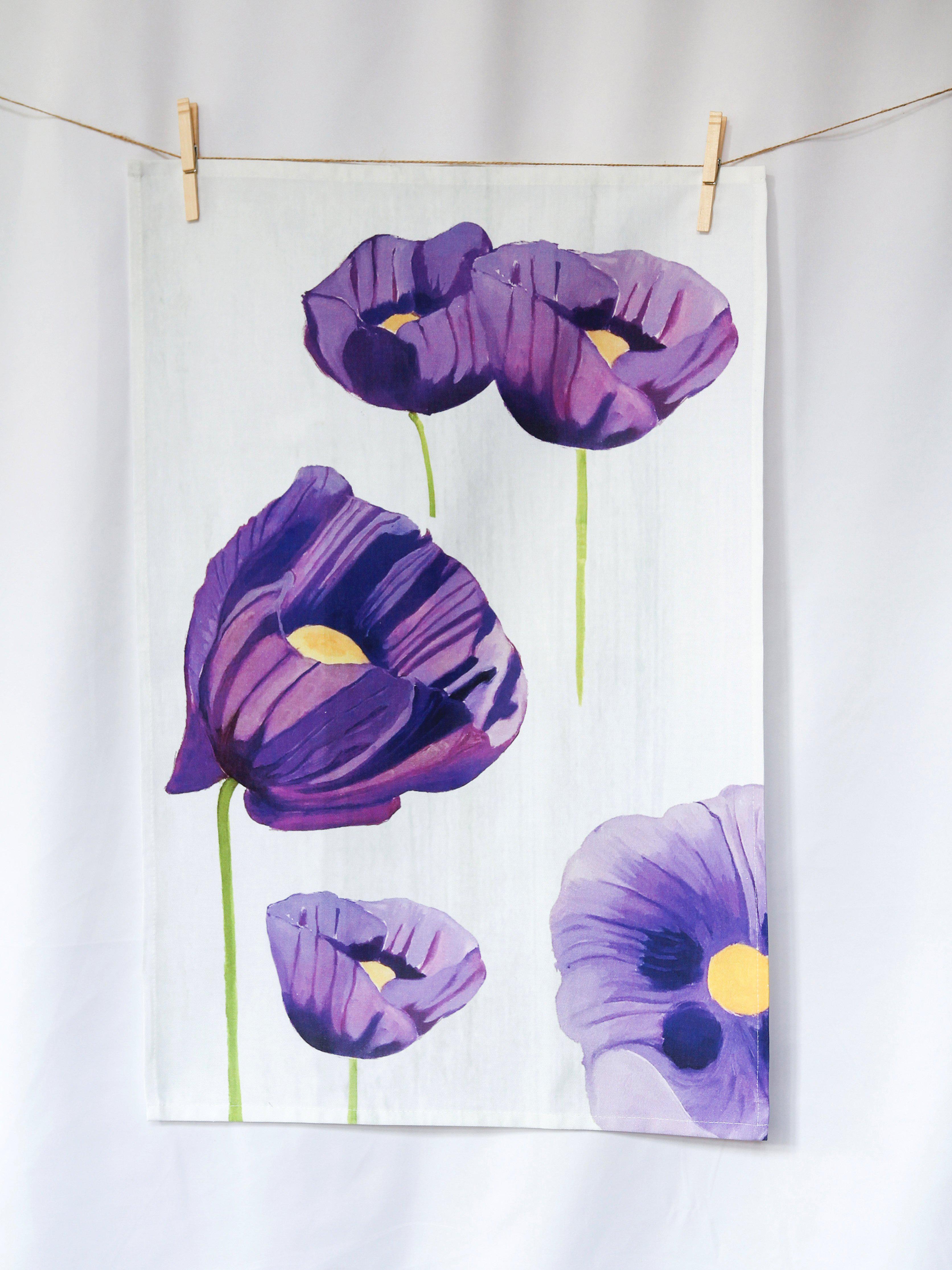 Tea Towel: Purple Poppies on Snow-India & Purry