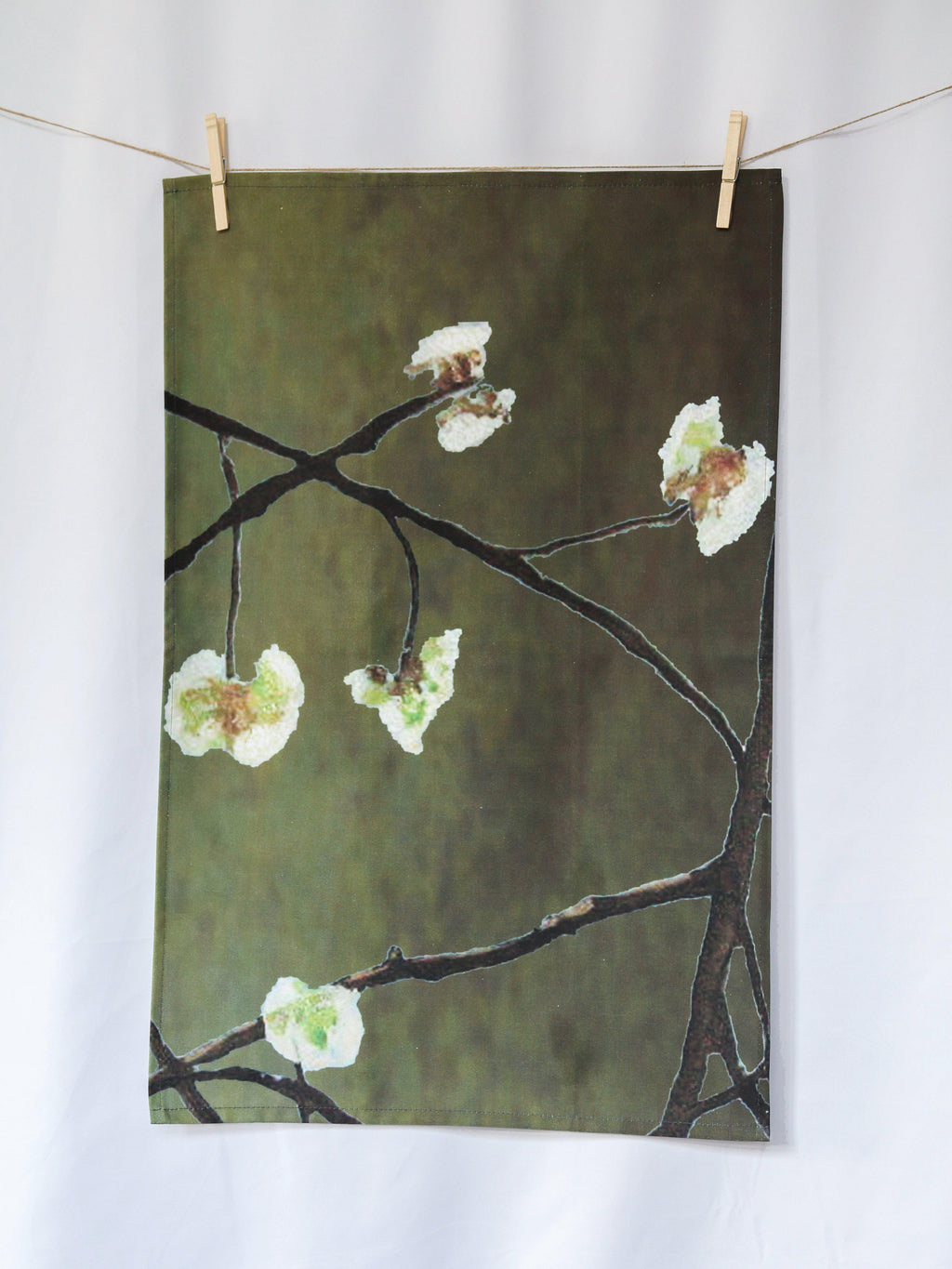 Tea Towel: White Flowers on Green-India & Purry