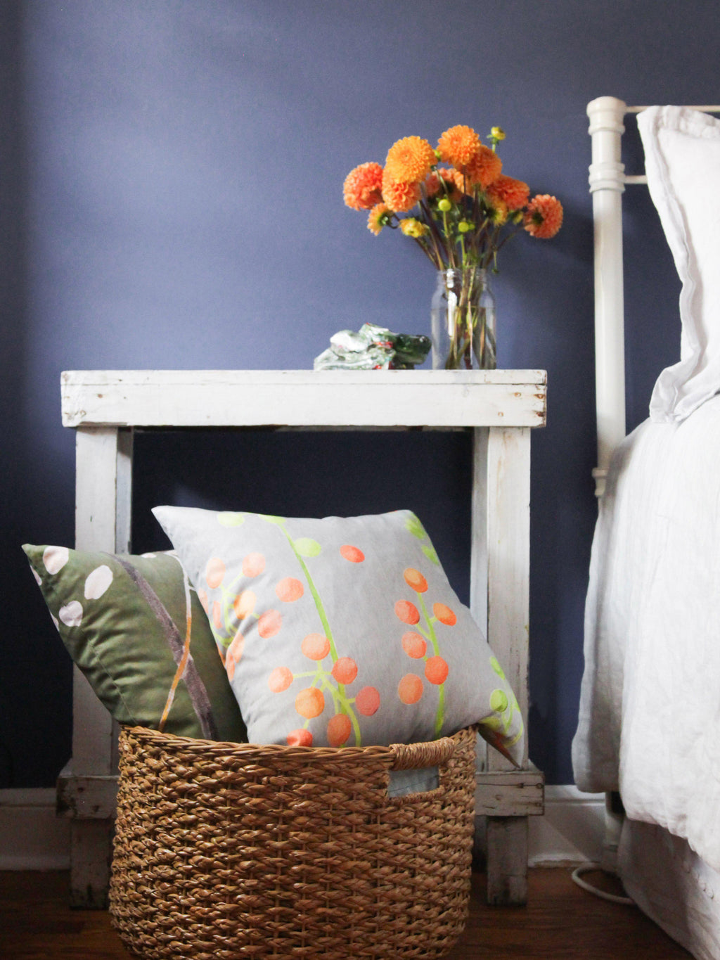 Throw Pillow: Big White Flower on Green-India & Purry