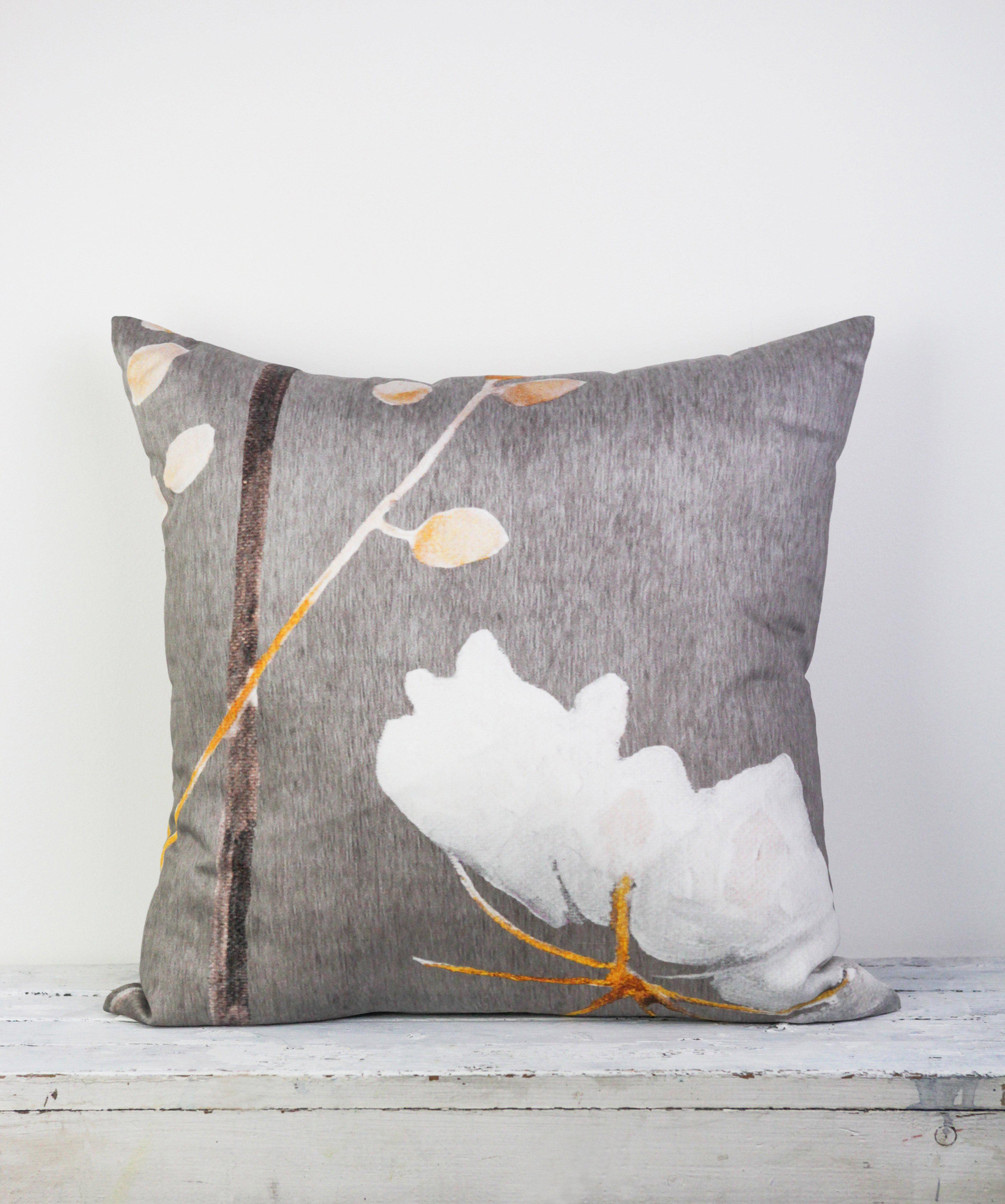 Throw Pillow: Big White Flower on Medium Grey-India & Purry