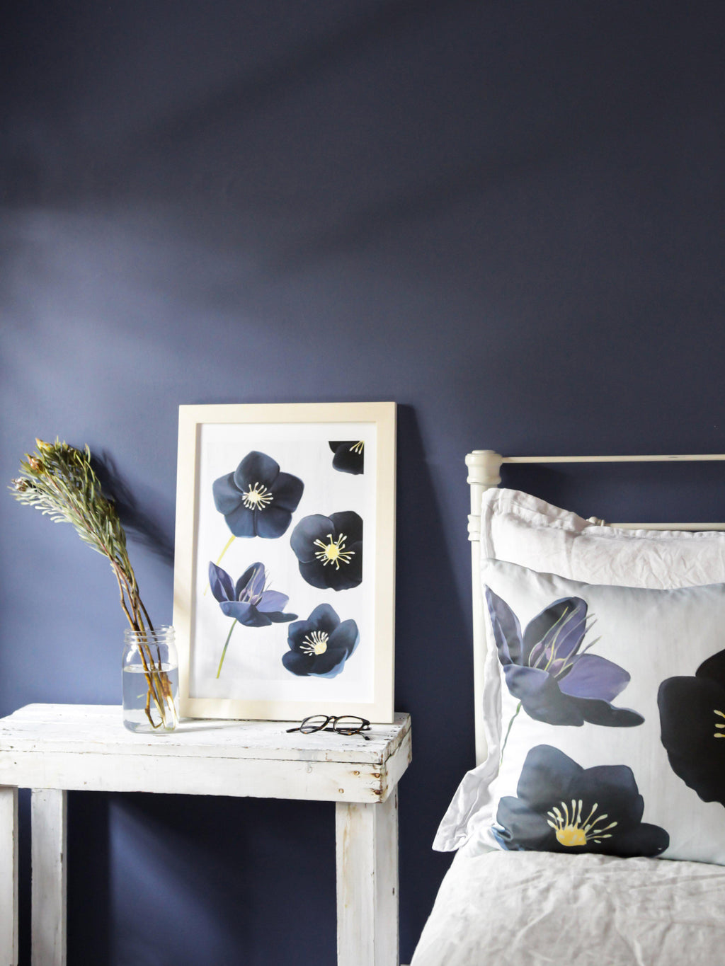 Throw Pillow: Black Hellebore on Snow-India & Purry