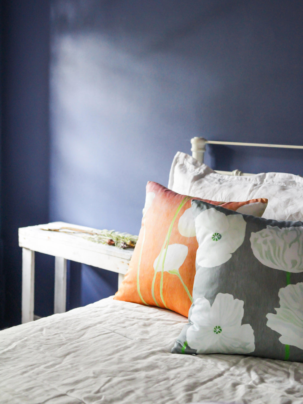 Throw Pillow: Cream Flowers on Orange-India & Purry