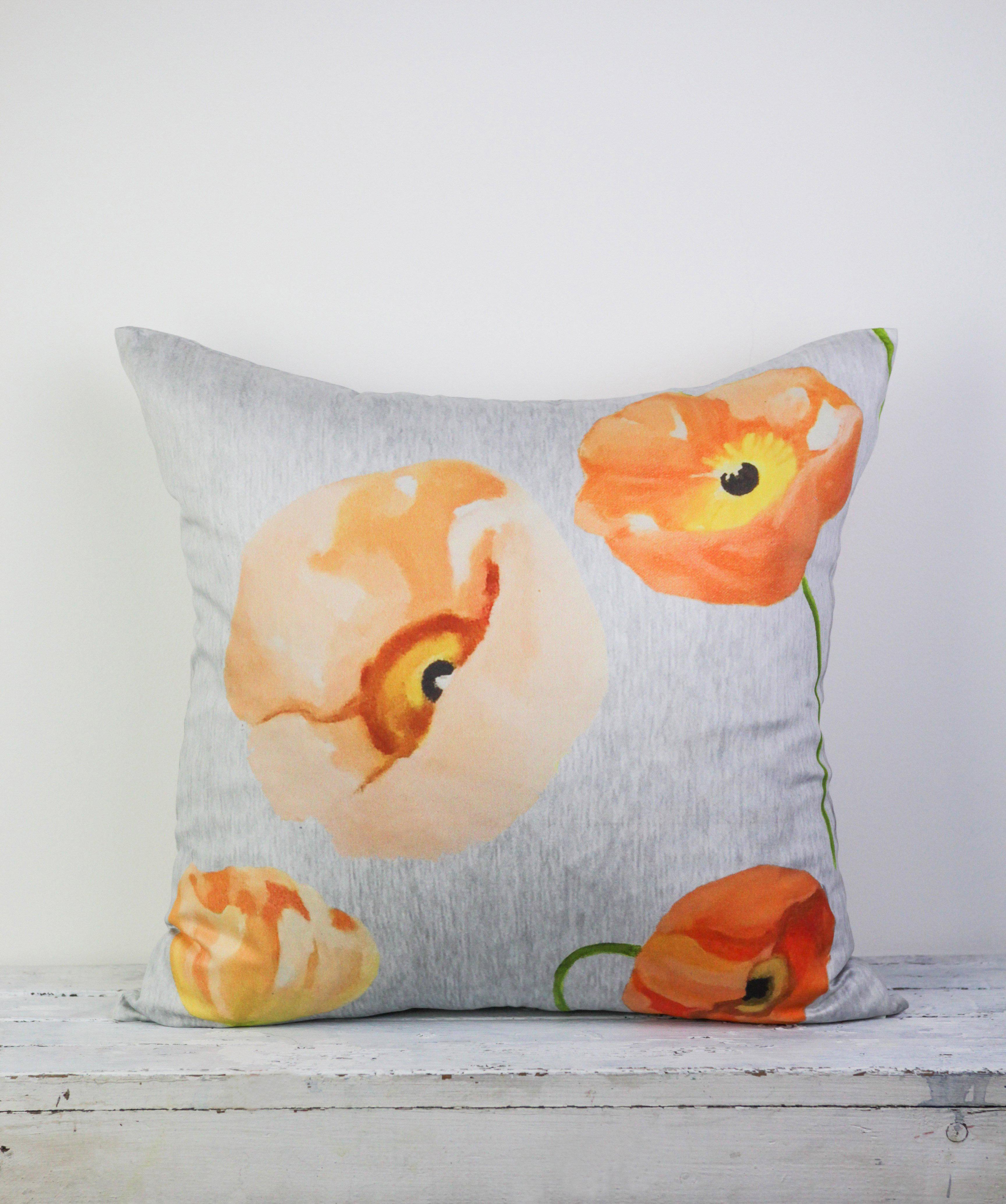 Throw Pillow: Peach Poppies on Grey-India & Purry