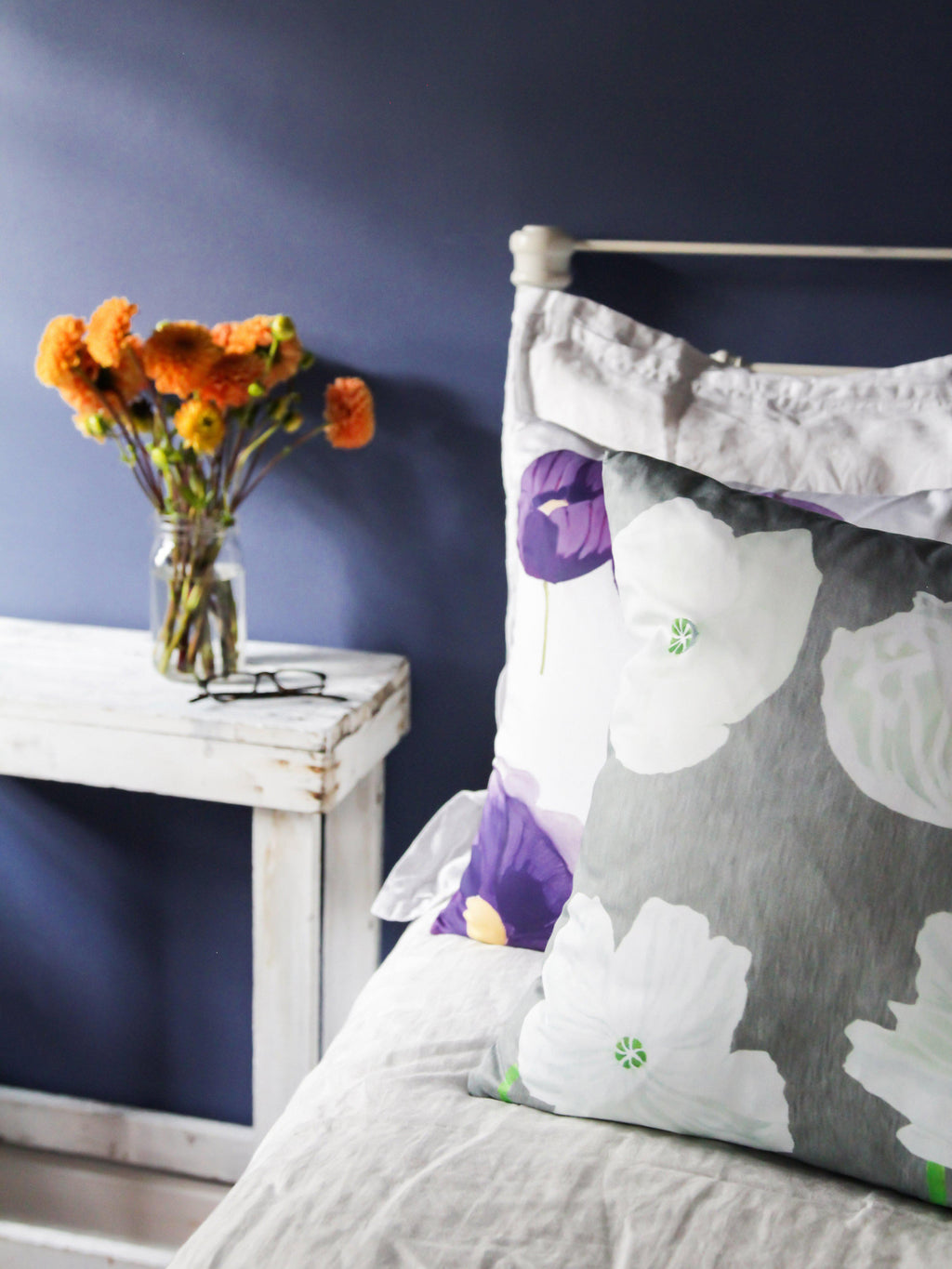 Throw Pillow: Purple Poppies on Snow-India & Purry