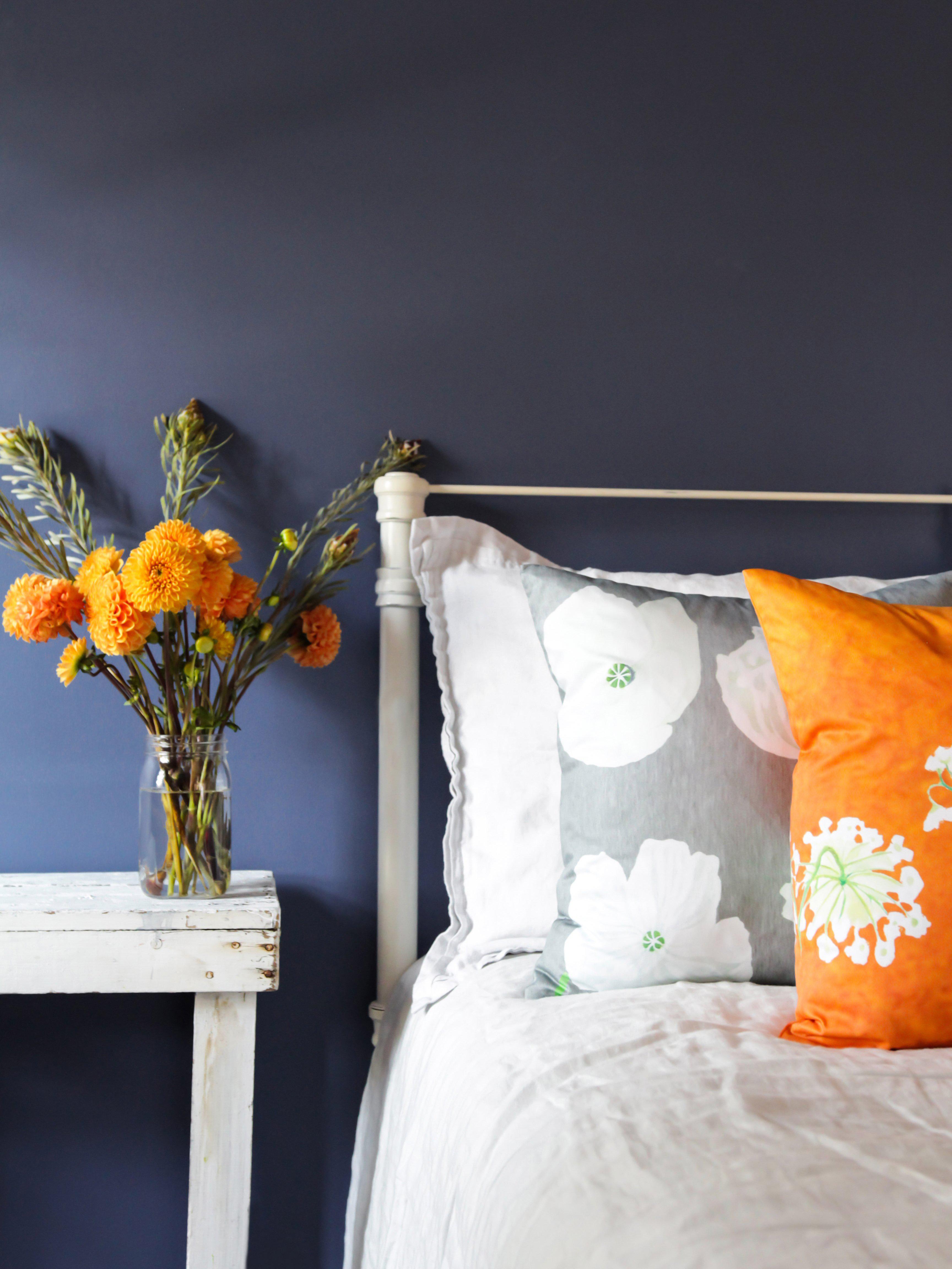 Throw Pillow: White Poppies on Grey-India & Purry