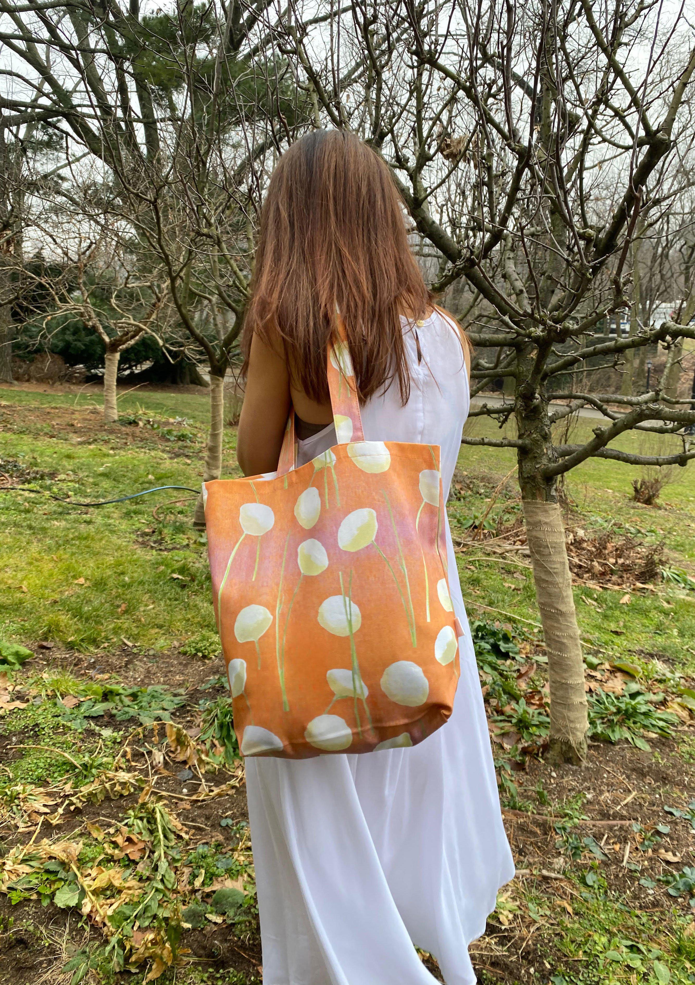 Tote Bag: Cream Flowers on Orange-India & Purry