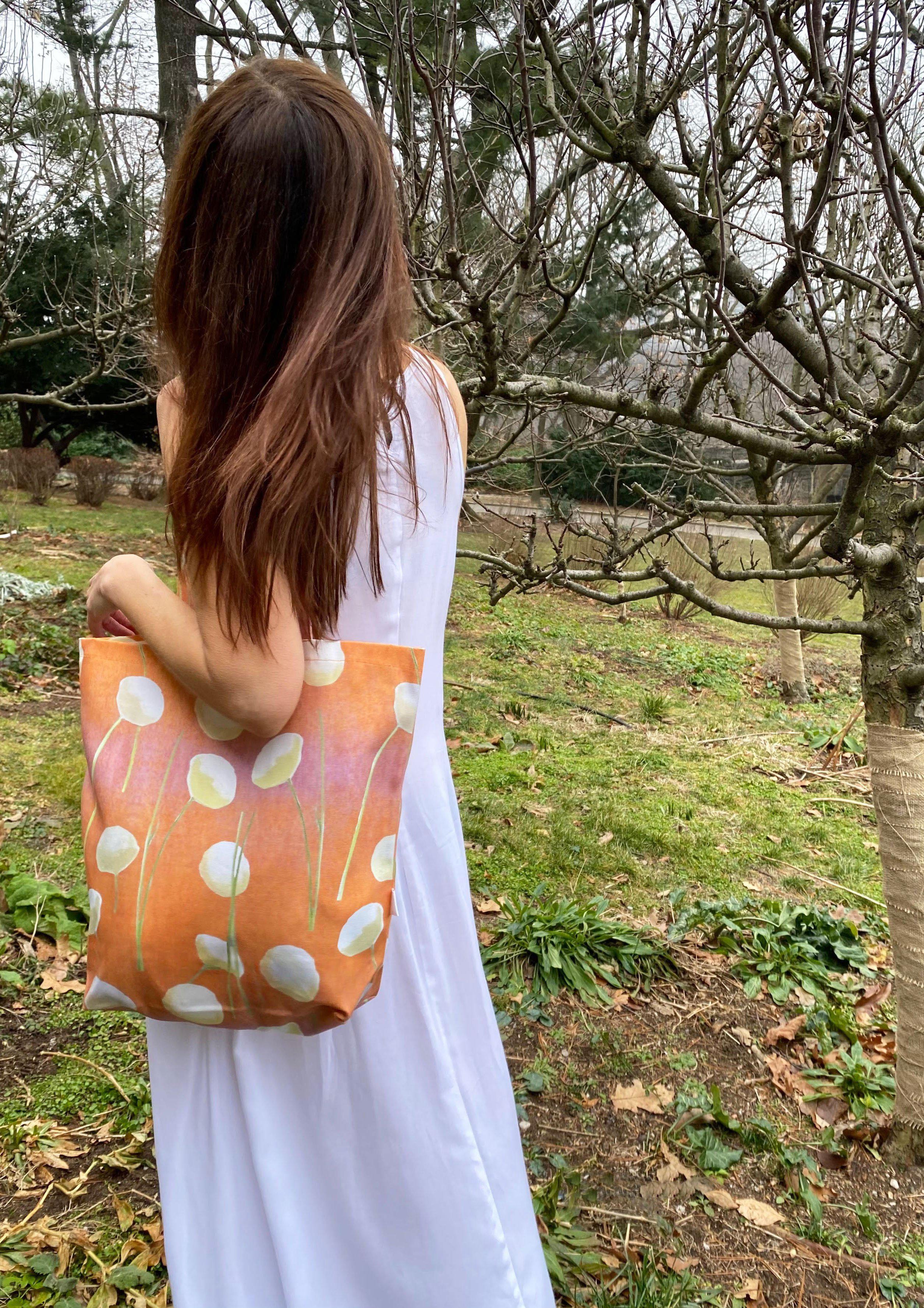 Tote Bag: Cream Flowers on Orange-India & Purry