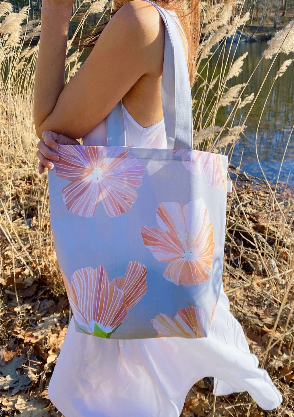 Tote Bag: Hibiscus on Grey-India & Purry