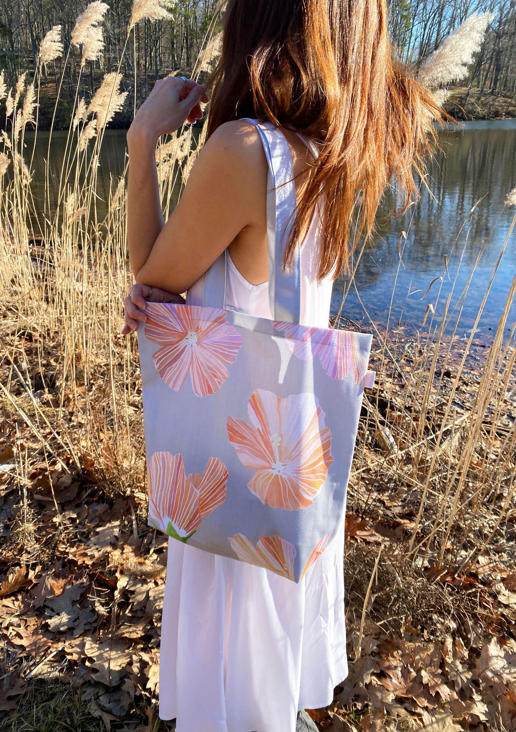 Tote Bag: Hibiscus on Grey-India & Purry