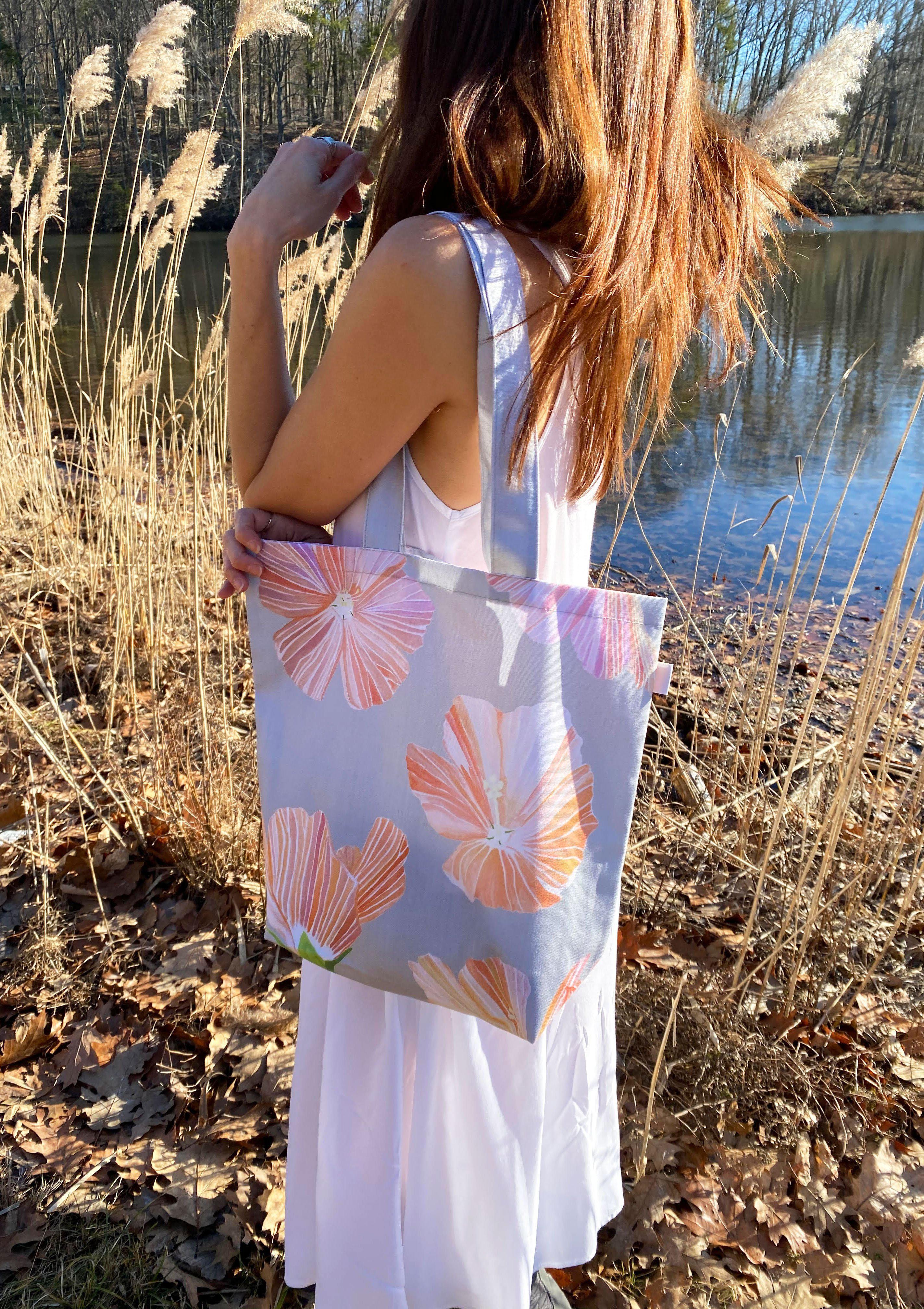 Tote Bag: Hibiscus on Grey-India & Purry
