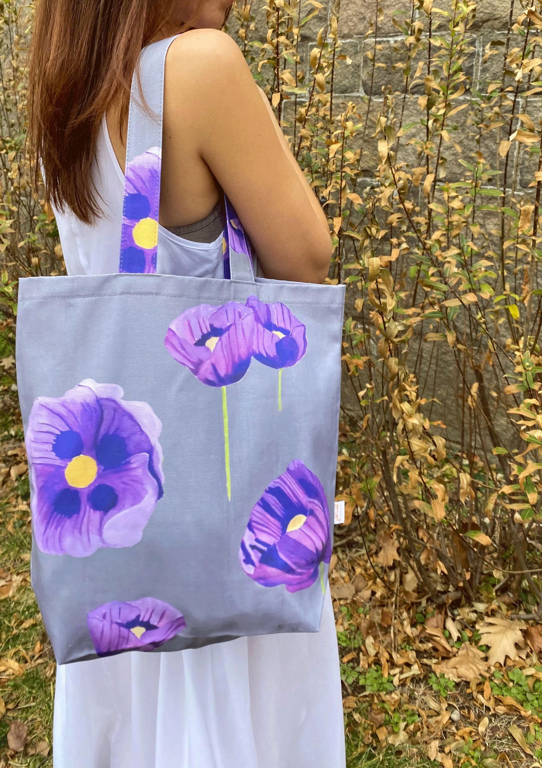 Tote Bag: Purple Poppies on Grey-India & Purry
