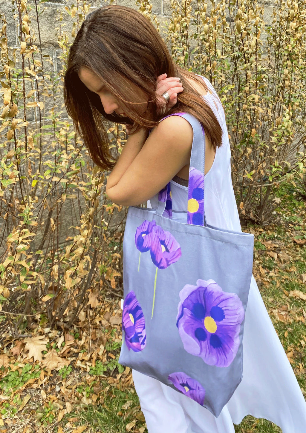 Tote Bag: Purple Poppies on Grey-India & Purry