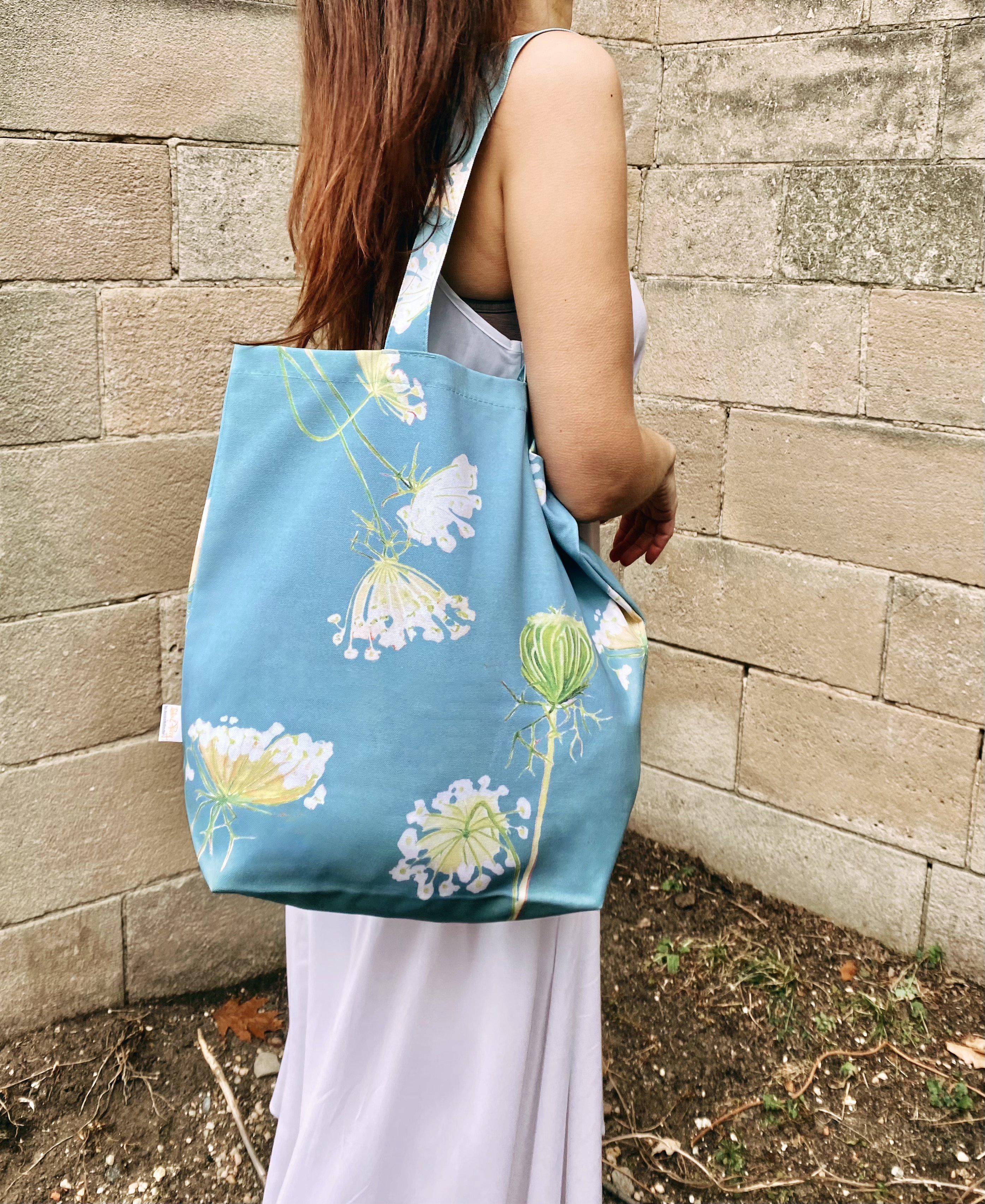 Tote Bag: Queen Anne's Lace on Teal-India & Purry