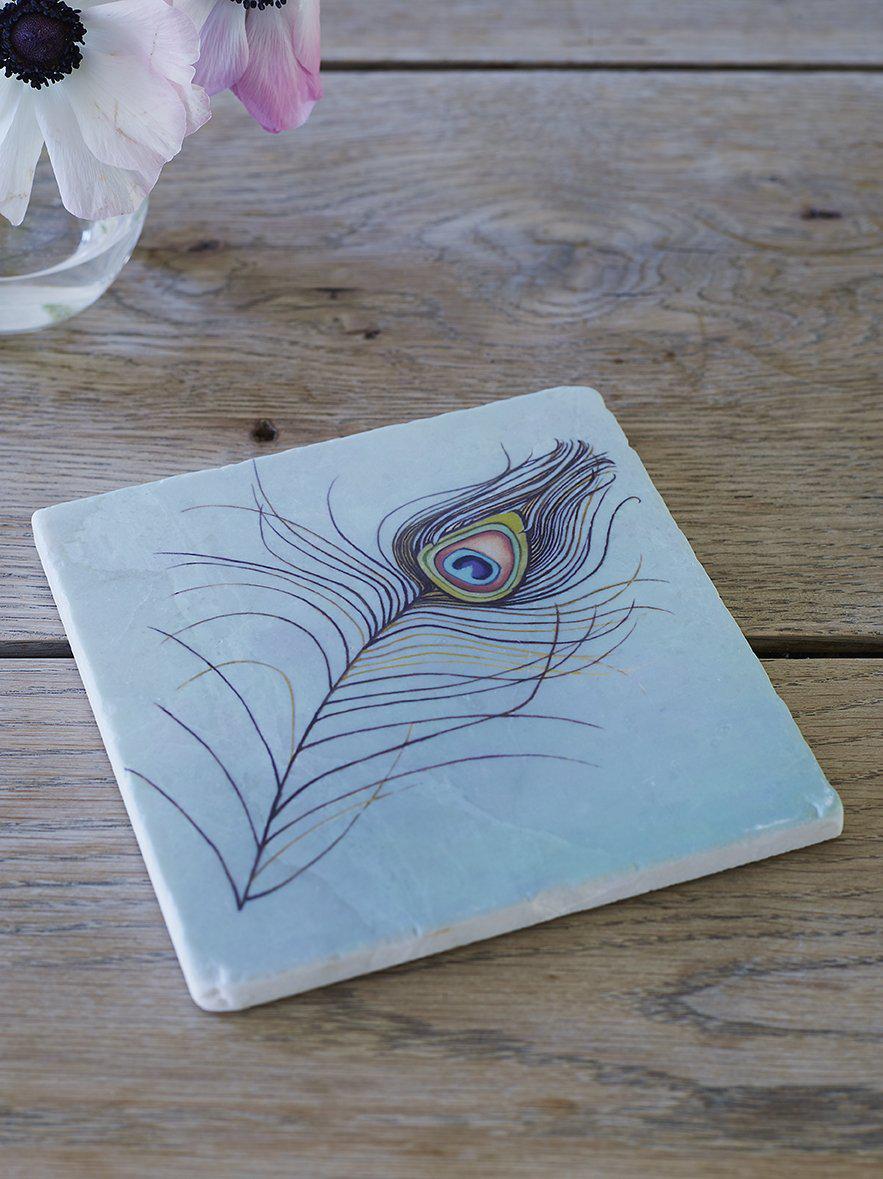 Trivet: Peacock Feather on Aqua-India & Purry
