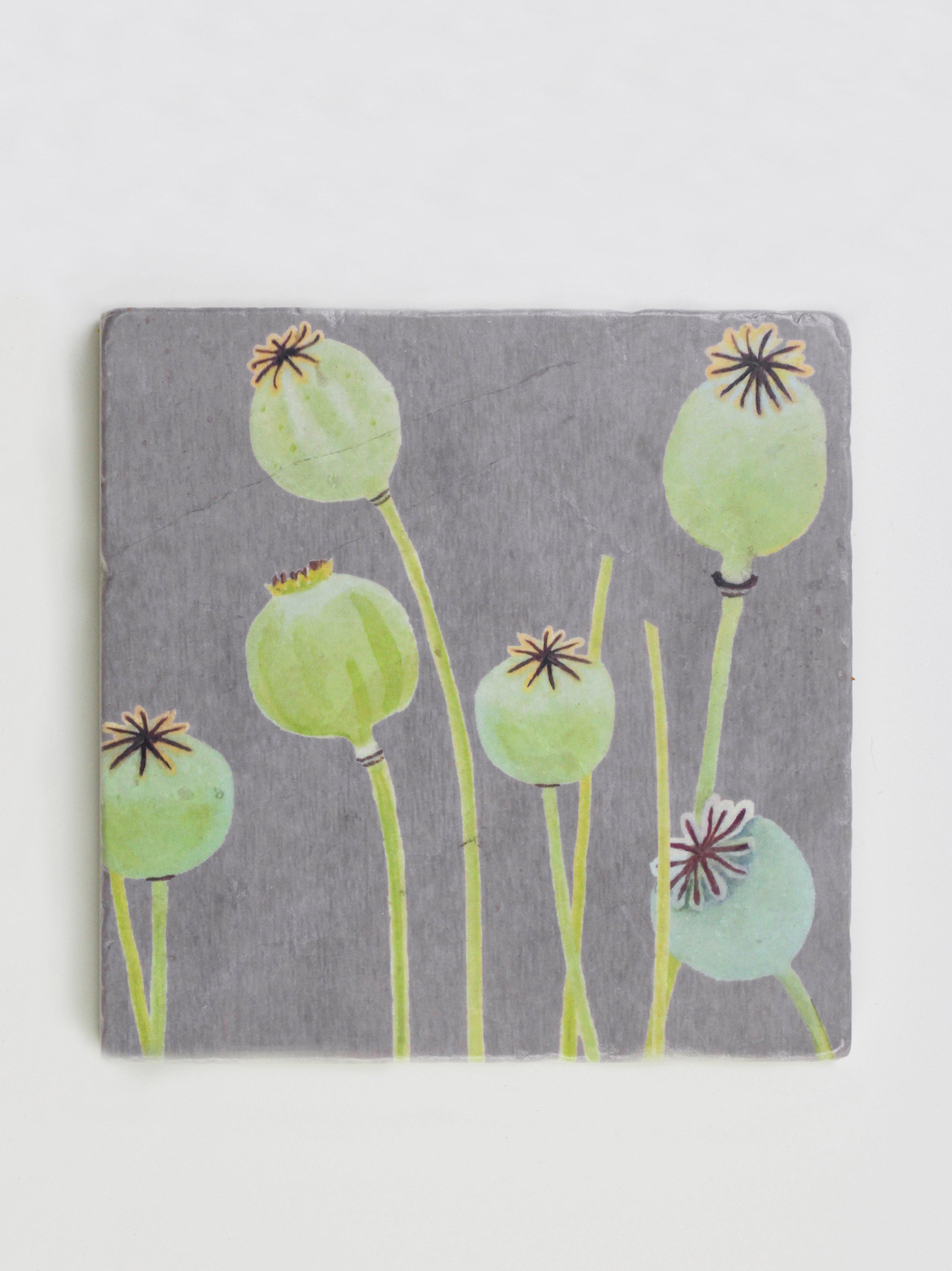 Trivet: Poppy Pods on Grey-India & Purry