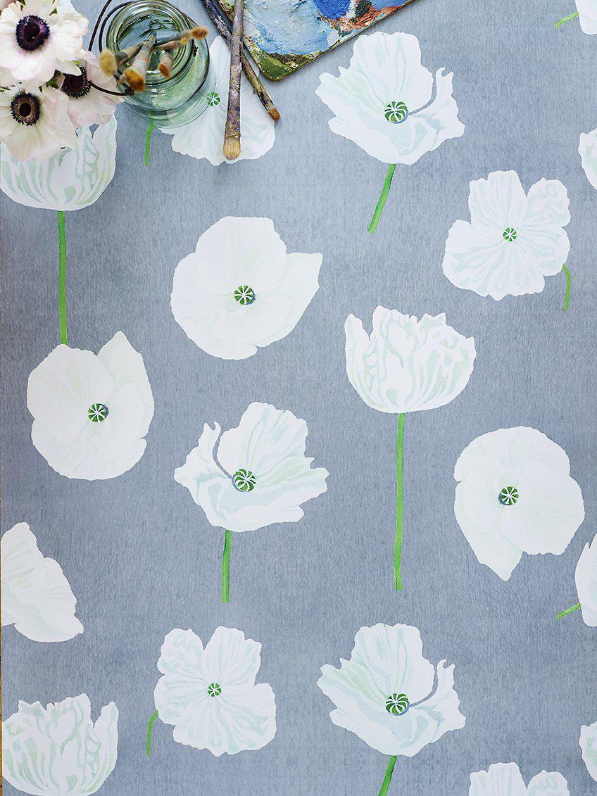 Wallpaper: White Poppies on Grey-India & Purry